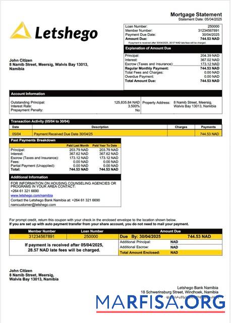 Blank Namibia Letshego Bank Namibia mortgage statement Word and PDF template